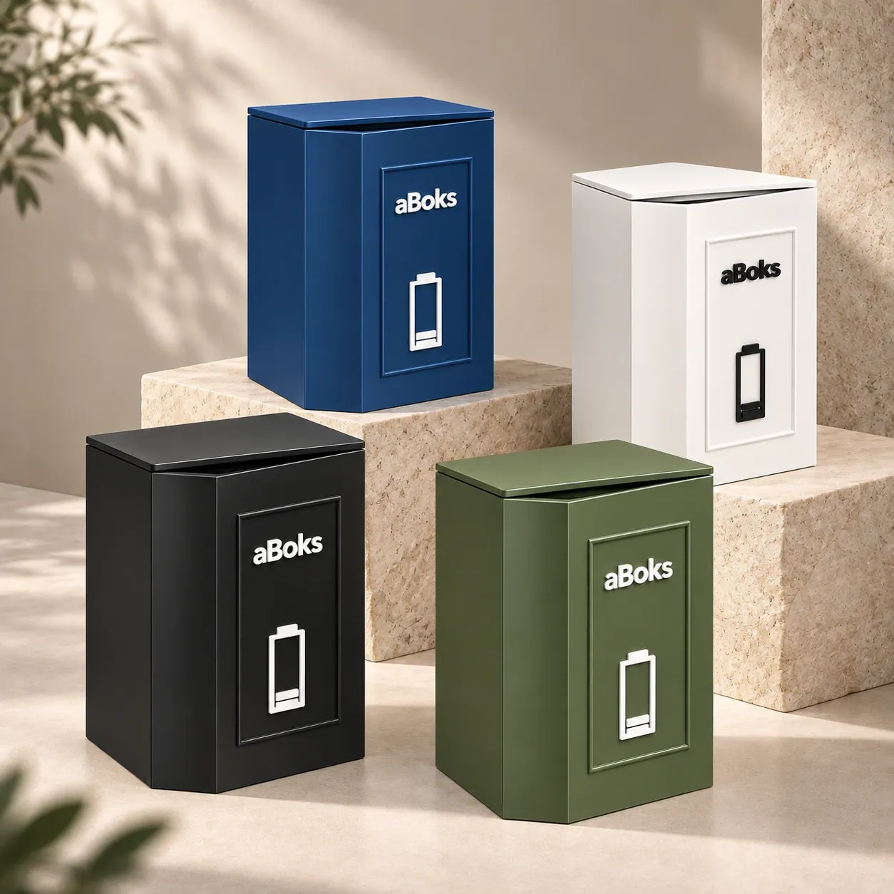 aBoks XL i fire farger – stor veggmontert innsamlingsboks for brukte batterier