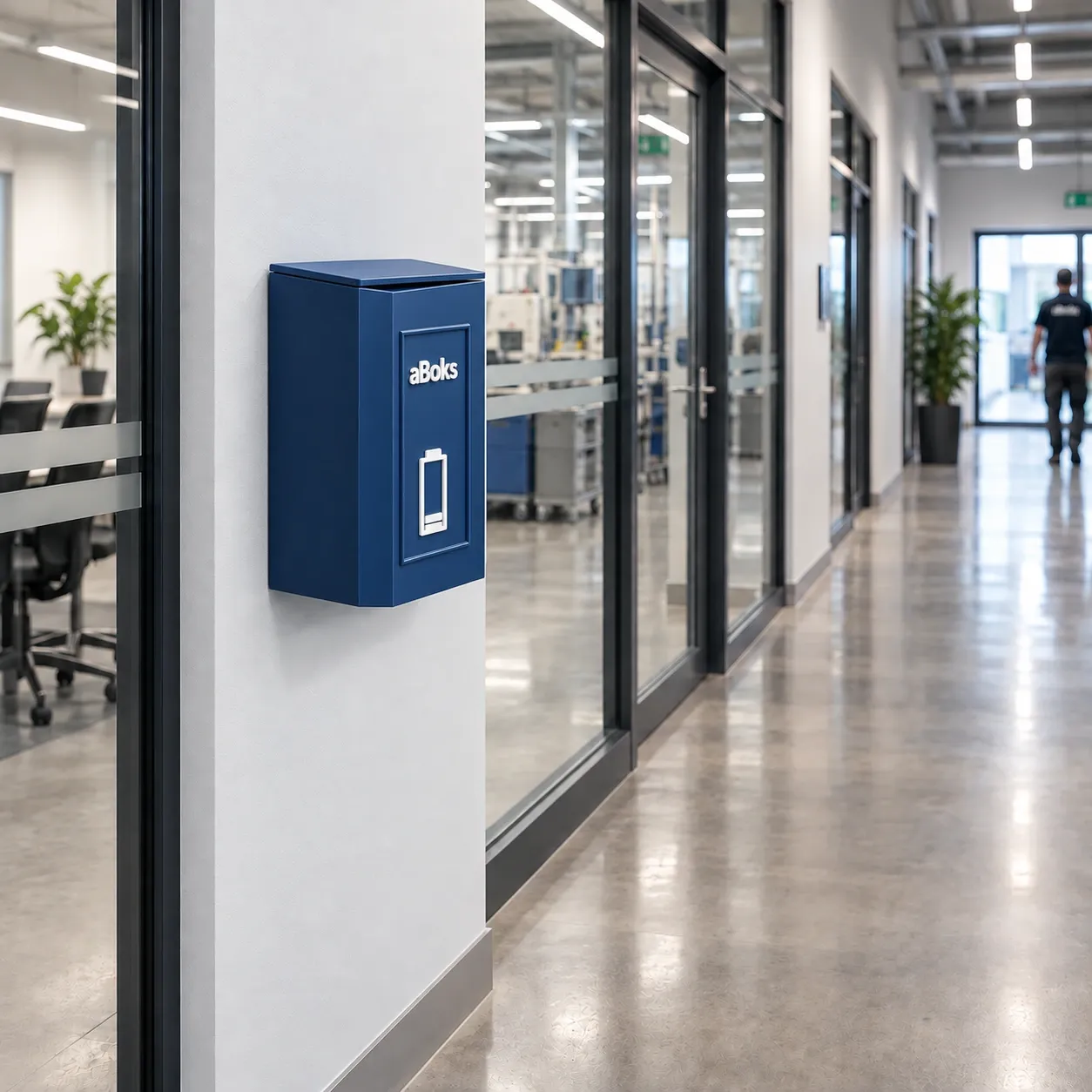 aBoks XL veggmontert innsamlingsboks for brukte batterier på arbeidsplassen