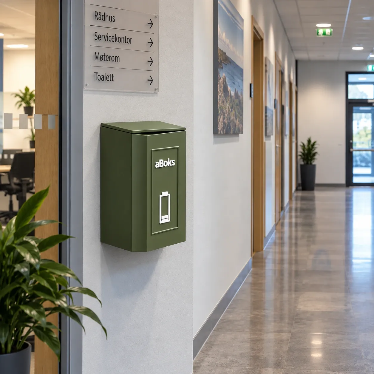 aBoks XL veggmontert innsamlingsboks for brukte batterier i kommunalt bygg
