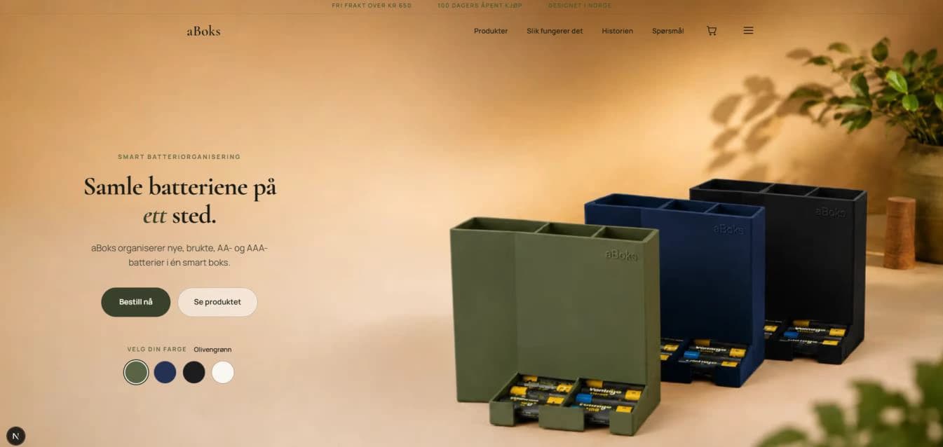Forsiden av aboks.no ved lansering, med aBoks i tre farger og fargevelger