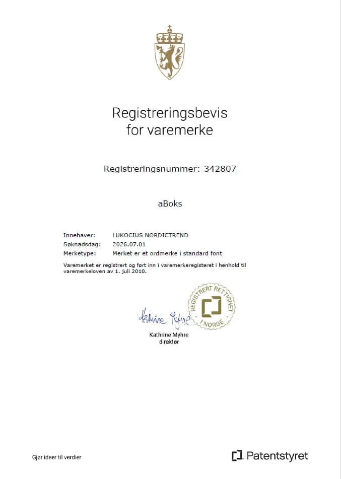 Registreringsbevis for varemerke fra Patentstyret med registreringsnummer 342807 for aBoks