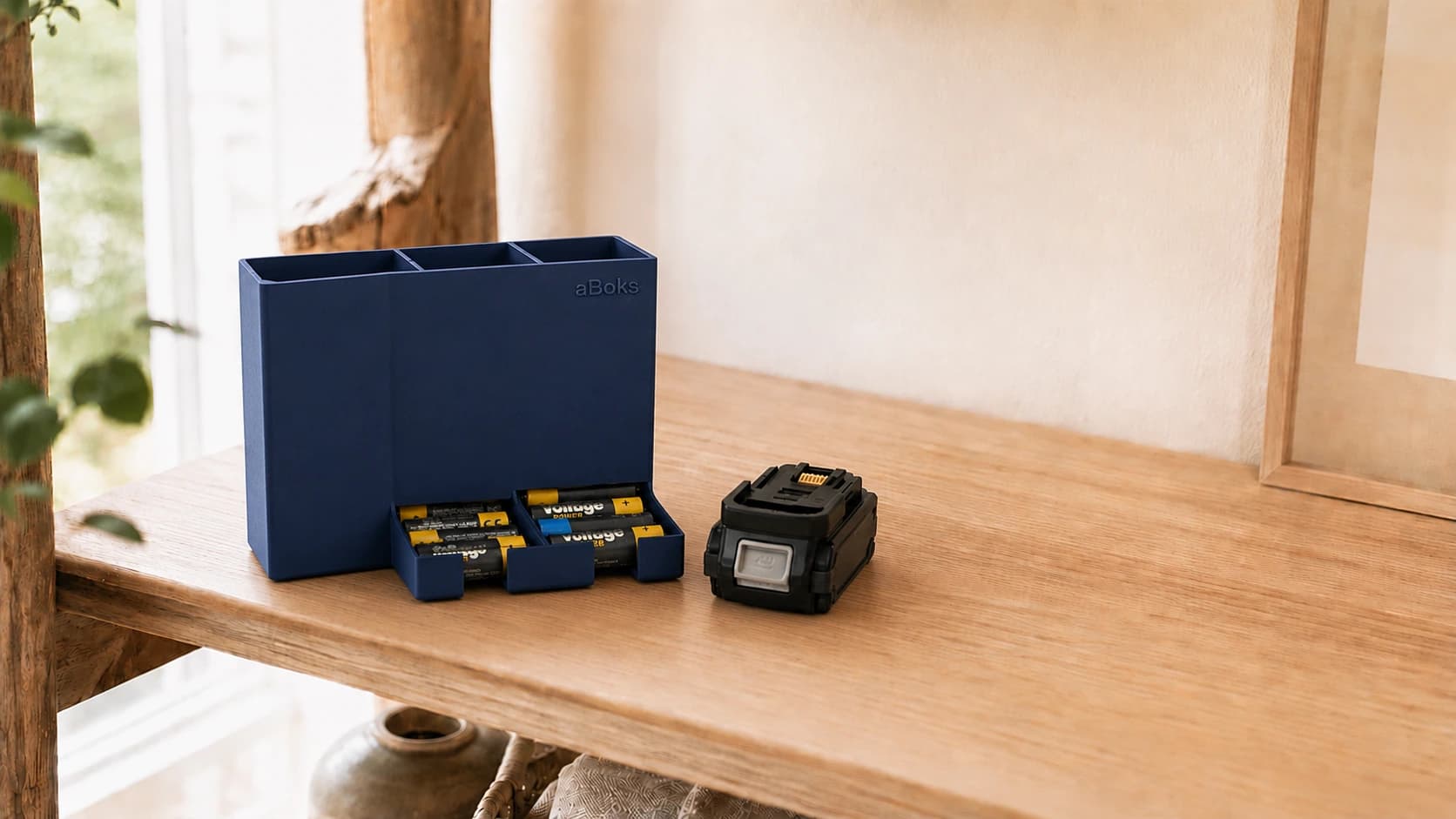 Langtidsoppbevaring av oppladbare batterier – oppladbare AA- og AAA-batterier ryddig samlet i en boks på en tørr hylle